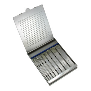 27-610 Set of 9 Swiss Pattern Osteotomes 2mm to 20mm, complete in fitted Sterilizer Case